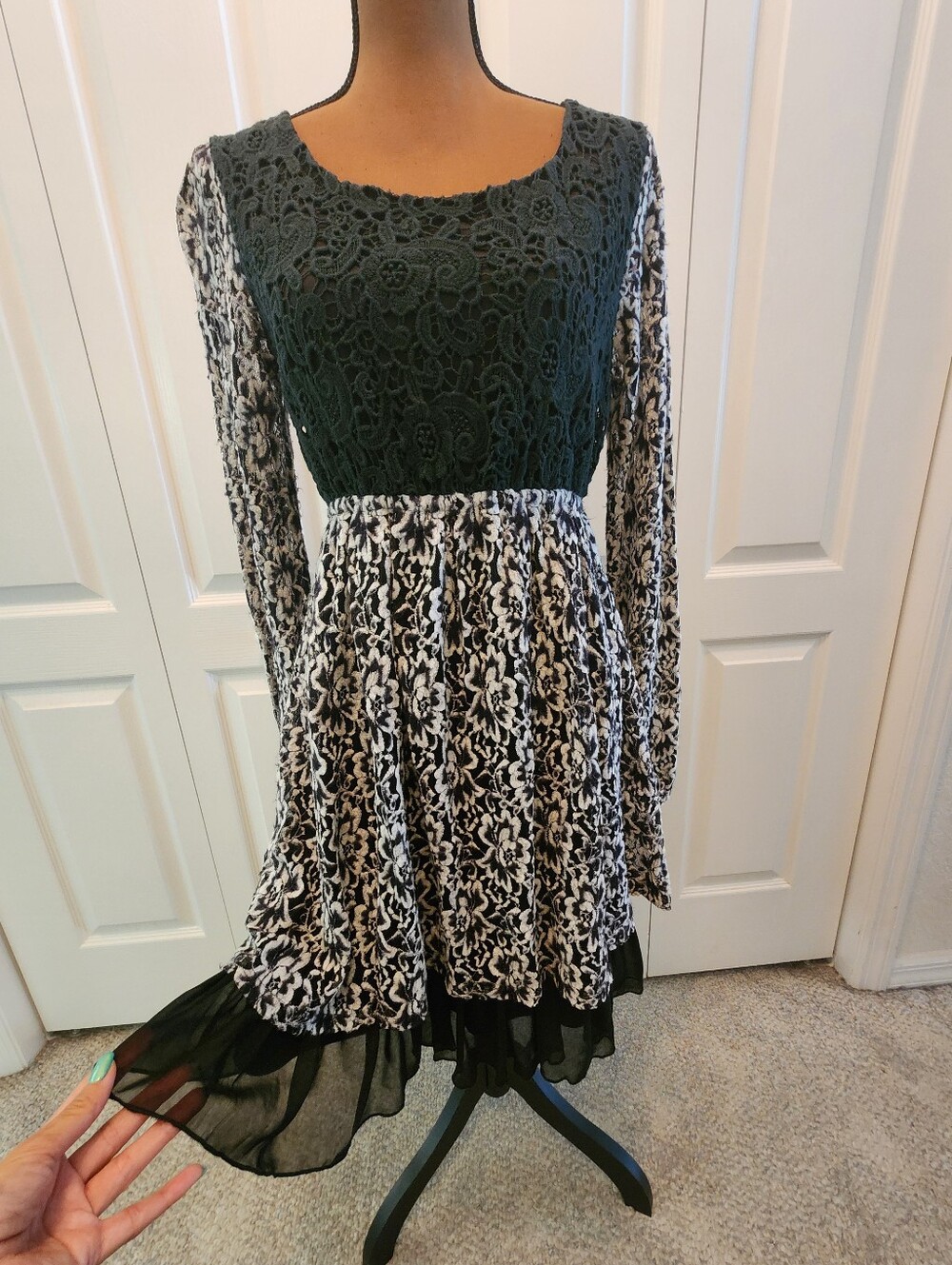 A'reve Anthropology Black And White Lace And Crochet Dress With Chiffon Ruffle